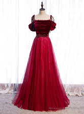 Burgundy Tulle Velvet Spaghetti Straps Beading Prom Dress